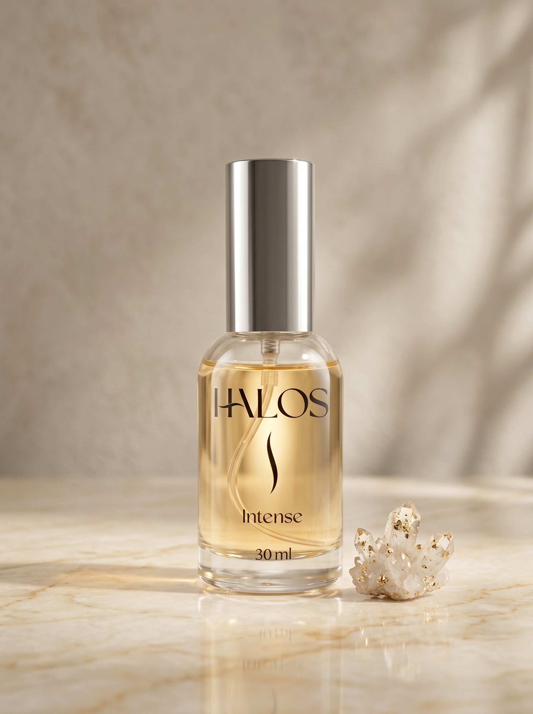 Flacone di Halos Intense da 30 ml su marmo chiaro